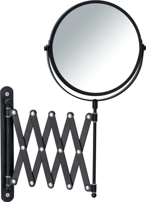 A black wall-mounted magnifying mirror with an extendable arm.