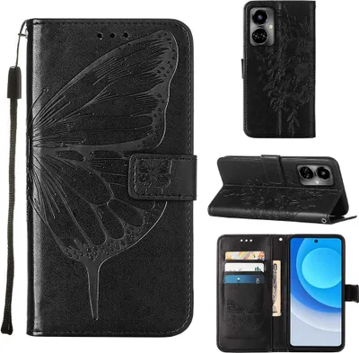 Produktbild von Tecno Camon 19 Hülle, Schmetterling Prägung Flip Leder Kartenfächer Schutzhülle Ledertasche mit Ständer für Tecno Camon 19 Schwarz