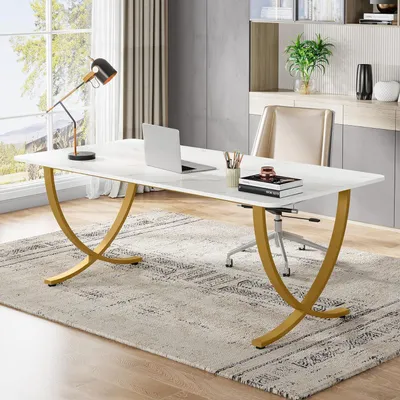 Produktbild von Schreibtisch Computertisch 160 x 80 x 75 cm Kunstmarmor Weiß Gold Metallbeine