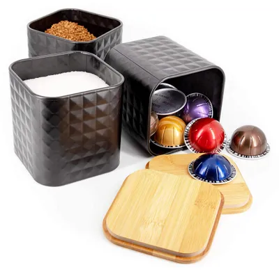 Vorratsdosen-Set, 3er, schwarz, Bambusdeckel, luftdicht, Edelstahl
