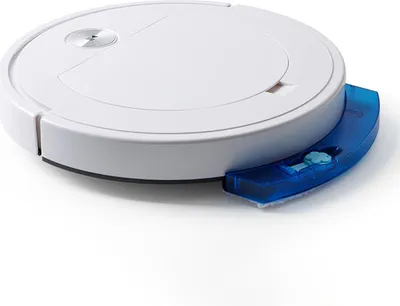 A white robot vacuum cleaner with a blue water tank attachment is shown from a slightly elevated side angle against a white background.