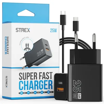 Productafbeelding van Strex USB Oplader 25W - Snellader met USB-A & USB-C - GaN - Zwart – PD 3.0 + QC 3.0 - Inclusief USB-C Kabel