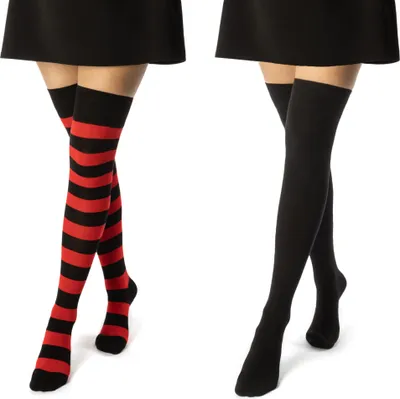 Produktbild von 2 Paar Overknee Strümpfe Damen Kniestrümpfe Baumwolle Ringel & Uni 10723 - Schwarz - Rot/Schwarz 39-42