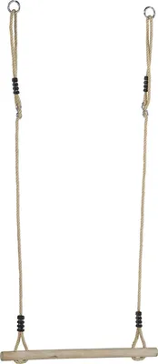 A simple wooden swing with rope hangers against a white background.