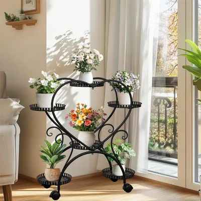 Immagine prodotto di WISFOR Portafiori arrotolabile, portapiante per 6 vasi da fiori, portafiori per balcone interno, soggiorno, giardino, nero