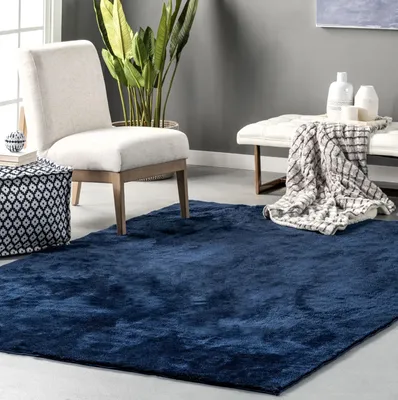 Produktbild von Flycarpets Teppich Solid Hochflor Langflor Weich Flauschig Uni Modern Wohnzimmer Teppich Navy Blau – Größe 160x230 cm