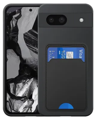 A black phone case with a card slot is shown on a phone with a black and white abstract background.