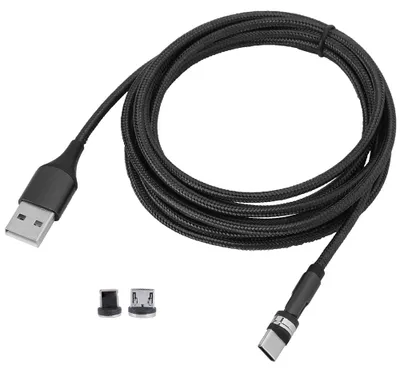 Obrázek produktu pro Nabíječka 3 v 1, 360° otočná, USB-C, magnetický konektor, micro USB kabel, rychlé nabíjení, 1 metr (černá)