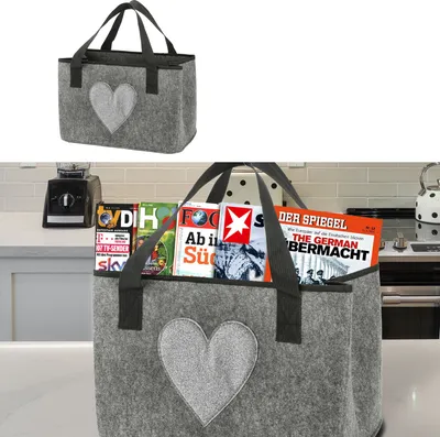Produktbild von Filztasche Herz Zeitungsständer 40x26,5x21cm hellgrau Shopper Henkeltasche Tasche Aufbewahrung
