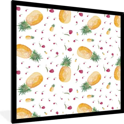 Produktbild von MuchoWow® Gerahmtes Poster Ananas - Kirschen - Aquarelle 40x40 cm - Poster mit Schwarzem Bilderrahmen Wandposter Rahmen Foto Bilder - Mit Rahmen - Wanddekoration Schlafzimmer