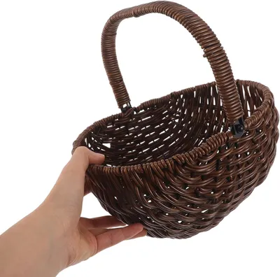 Produktbild von Vintage-Aufbewahrungskorb aus Kunststoff in Rattanoptik, kleiner handgeflochtener Picknickkorb mit klappbarem Griff für Obst und Gemüse