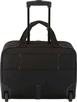 A black Samsonite rolling suitcase viewed from the back.