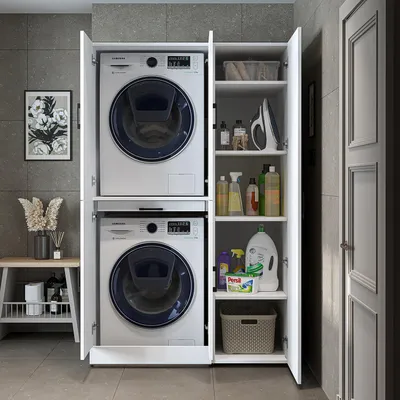 Produktbild von Roomart Waschmaschinenschrank " DORA SET" für Trockner & Waschmaschine, 115 cm breit, in 4 Farben, mit Türen & Ausziehbrett - Weiß - Weiß Eiche - Anthrazit Eiche - Eiche