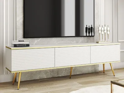 Produktbild von GrainGold TV-Schrank Diolo - Breiter RTV-Schrank, RTV-Tisch, Lowboard, TV-Tisch mit Metallbeinen, Gefräster RTV-Schrank - TV-Schrank Weiß, Gold