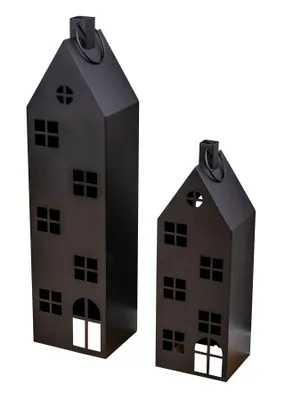 Two black metal house-shaped lanterns of different sizes are displayed against a white background.