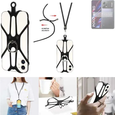 Produktbild von K-S-Trade 3in1 Handykette Handyband Handykordel Halsband Smartphone-Ring Handy-Ring kompatibel mit POCO X5 5G Fingerhalterung Handyring Tischständer