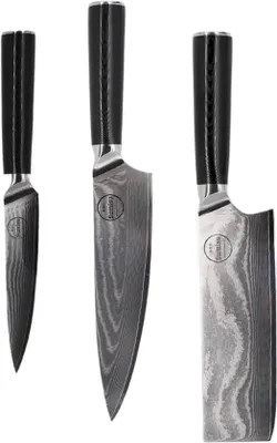 Productafbeelding van 3-delige Japanse messenset - 100% Damaststaal - Luxe geschenkdoos - Zwart - Kiritsuke, Nakiri, Shotoh - Keuken messen voor fijnsnijden e