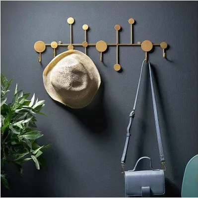 Produktbild von Goldene Metallhakenleiste - Wandgarderobe mit 6 Haken - 59,5 x 3 x 23,5 cm - Kleiderhaken mit Ablage