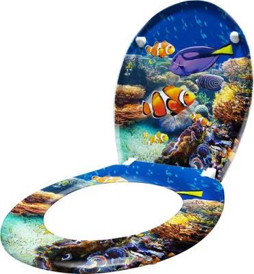 A toilet seat and lid decorated with an underwater scene featuring coral and fish.
