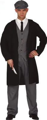 A man wearing a 1920s-style gangster outfit, including a flat cap, coat, waistcoat, shirt, and tie, holding a knife.