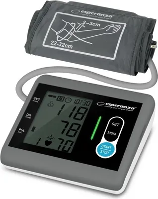A digital blood pressure monitor with its cuff, displayed on a white background.