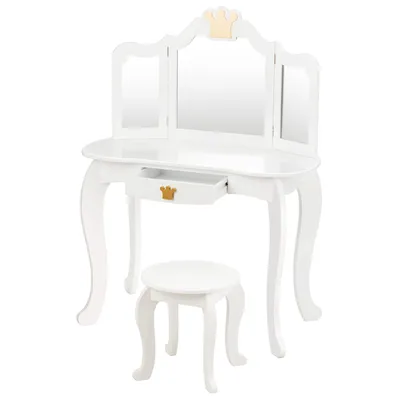 A white wooden children's vanity table with a tri-fold mirror and a matching stool, set against a white background.