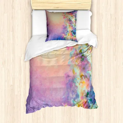 Produktbild von ABAKUHAUS Lila Bettbezug Set, Aquarell-Art-Effekt-Frühlings-Kirschblüte japanischer asiatischer Natur-Druck, 135 x 200 cm + 80 x 80 cm, Marigold und Lila