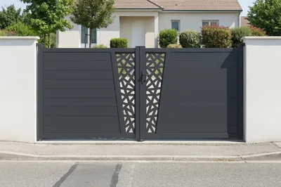 Produktbild von Schwingtor 3,5 m CERVINA RUIVO H. 160 cm graues Aluminium + 2 EIFEL Pfosten 20 x 20 cm H. 190 cm