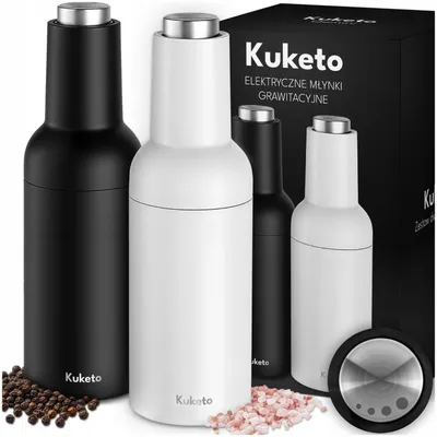 Zdjęcie produktu dla Kuketo | Elektryczny młynek do soli i pieprzu - biało-czarny - młynek grawitacyjny z ceramicznym młynkiem - obsługa jedną ręką i stylowy wygląd