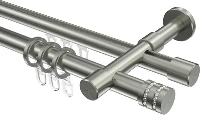 Produktbild von Interdeco Rundrohr-Innenlaufstange / Gardinenstange (Kombination) Edelstahl-Optik, Typ Prestige Estana (Glitzerkappe), 20 mm Ø 2-läufig, 520 cm