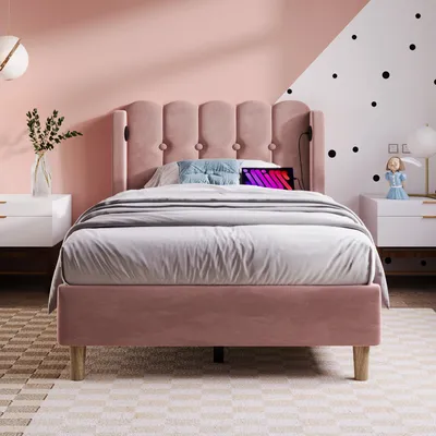 Produktbild von Flieks Polsterbett 90x200cm mit USB und Typ C, Jugendbett Kinderbett mit Lattenrost, Einzelbett Holzbett Klassische Betten, Samt, Rosa