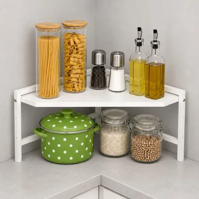 Immagine prodotto di DanDiBo, scaffale angolare per cucina, ripiano per cucina, piano di lavoro, 55x55 cm, ripiano per microonde, bianco, 2 livelli, modello 96737, scaffale angolare per microonde