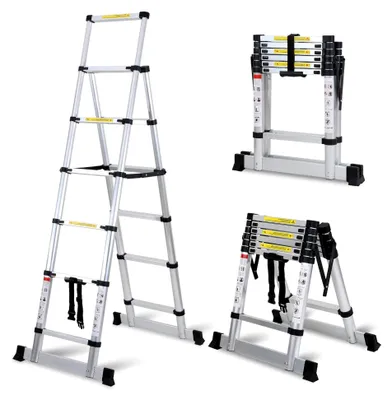 Produktbild von Teleskopleiter Klappleiter 1,7+2M Aluminiumleiter 5+6 Stufen Tragbare rutschfeste Ausziehleiter, 150 kg Belastbarkeit, Ausziehbare Mehrzweckleiter, Haushaltsleiter