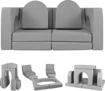 A modular play sofa set for children, shown in two configurations: a full sofa and disassembled building blocks.