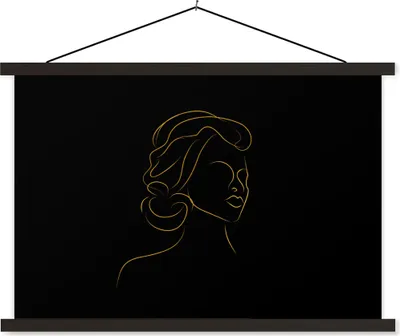 Produktbild von MuchoWow® Textilposter Frau - Schwarz - Gold - Strichzeichnung 60x40 cm mit schwarzem Rahmen - Hölzernes