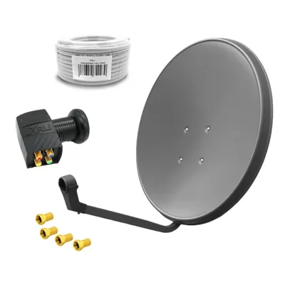 A collection of satellite dish components including a dish, LNB, cable, and connectors, arranged on a white background.