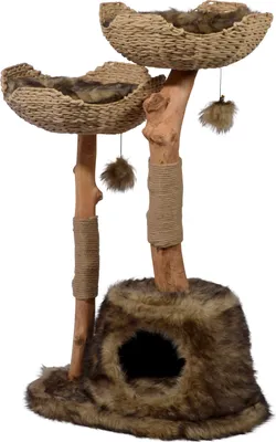 Produktbild von dobar Design-Kratzbaum "Tony" mit Naturstämmen und Spielball, Katzenmöbel mit Katzenhöhle und zwei Liegeflächen, 60 x 45 x 111 cm, braun