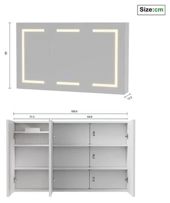 Zdjęcie produktu dla Szafka łazienkowa z lustrem – montaż naścienny, 100 x 60 cm – 3-drzwiowa – oświetlenie LED w 3 kolorach – powłoka przeciwmgielna – regulowane półki – gniazdo USB i wtyczka EU – styl B