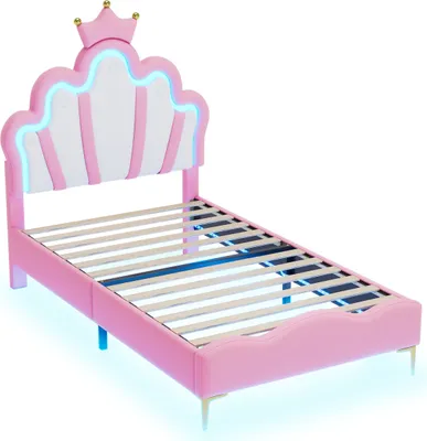 Obrázok produktu pre Čalúnená posteľ 90 x 200 cm, v tvare koruny, Imitácia kože, LED posteľ s lamelovým roštom, ružová