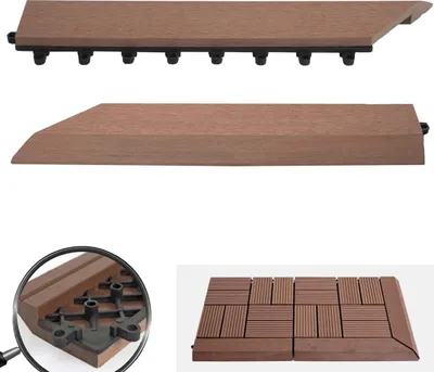 Produktbild von 2er-Set Abschlussleiste für WPC Bodenfliese Sarthe, Abschlussprofil, Holzoptik Balkon/Terrasse coffee links mit Haken