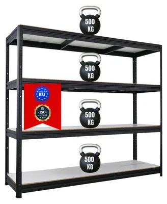 Produktbild von Schwerlastregal DINO | HxBxT 180x200x60cm | 4 Melamin-Ebenen 16mm | Fachlast 500kg | Schwarz