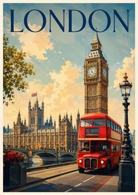 Produktbild von London Poster DIN A2 – Vintage Travel Poster mit Big Ben & rotem Doppeldeckerbus, matt