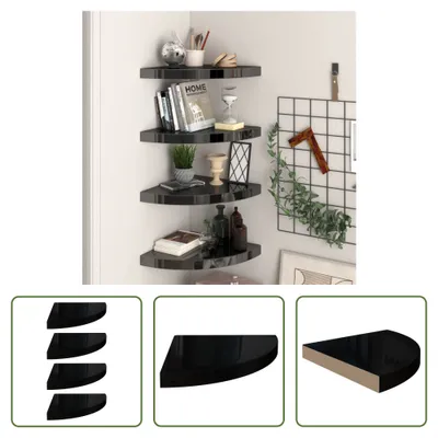 Obrázek produktu pro The Living Store Rohové plovoucí police 4 ks. Černá s vysokým leskem 35x35x3,8 cm MDF