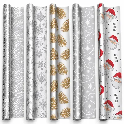 Immagine prodotto di Benza – Carta da regalo argentata per Natale – 5 rotoli da 70 x 150 cm – Argento metallizzato – 5 diversi motivi natalizi, Immagine generata dall'IA