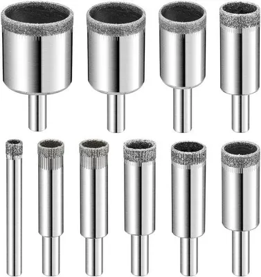 Produktbild von Diamantboorset für Glas, Keramik und Marmor, 10-teilig, Bohrer und Bohrmaschine.