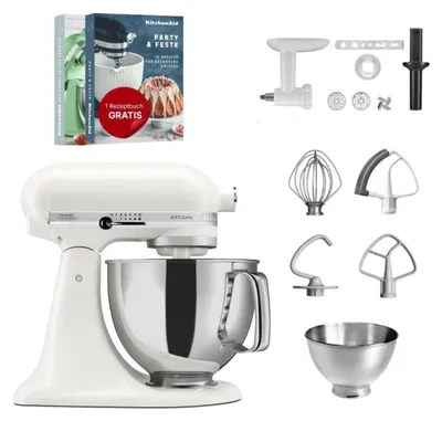 Produktbild von KitchenAid 4,8 L 5KSM175 Artisan Küchenmaschine Set 2 Fleischwolf+Spritzgebäckvorsatz Porcelaine White