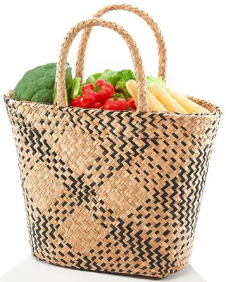 Zdjęcie produktu dla Torba na zakupy Kobolo pleciona torba z trawy morskiej z dwukolorowym wzorem i uchwytami