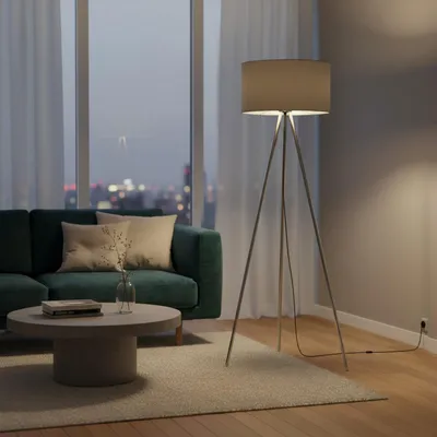 Image de Lampadaire Braytron à 3 pieds, 155 cm, E27, style moderne, avec abat-jour, pour salon, lampe sur pied, éclairage par le haut, gris