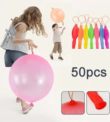 Produktbild von 50 Stück Punch-Ballons mit Gummiband, hohe Elastizität, große Menge, geruchlos, Training der Koordinationsfähigkeit, verschiedene Farben, Latex-Hüpfballons für drinnen und draußen, mehrfarbig