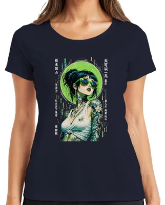 Productafbeelding van Cyberpunk anime-meisje, Japanse streetwear, tatoeage, retro, Y2K, manga, dames T-shirt, marineblauw, maat M